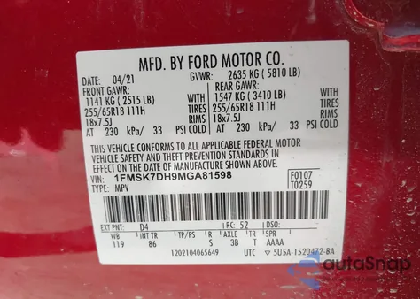 2021 Ford Explorer Xlt z USA, uszkodzony, nr VIN 1FMSK7DH9MGA81598